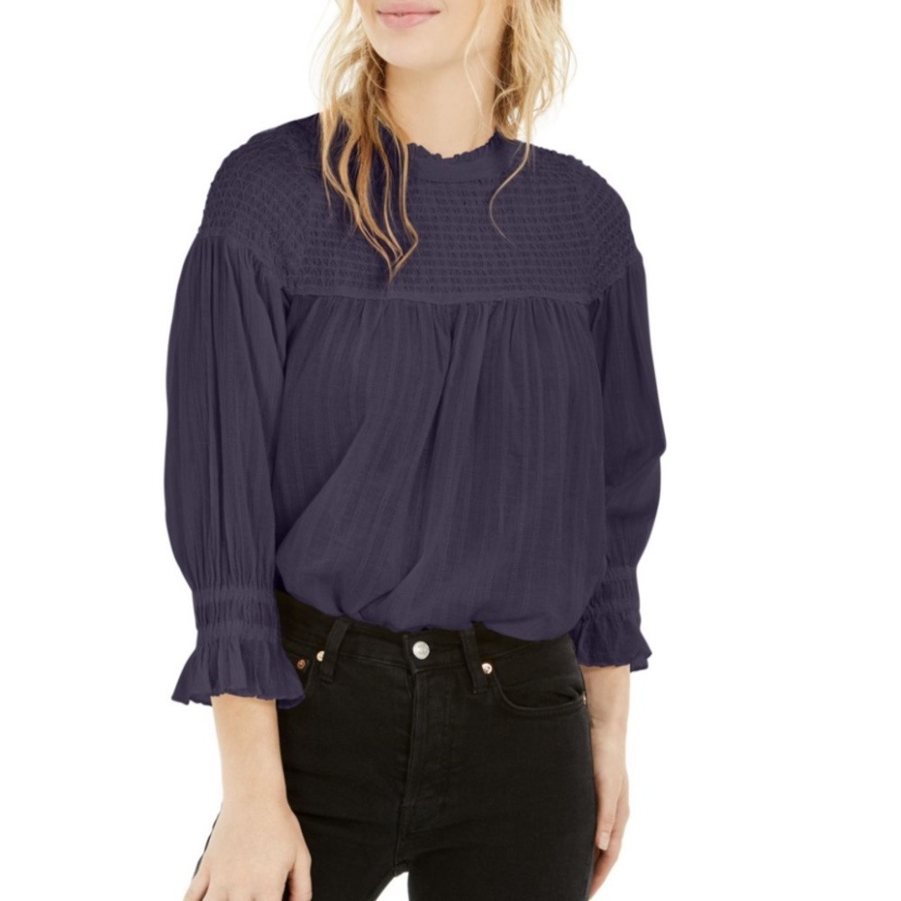 Free People Womens Smocked Tunic Blouse in Blue